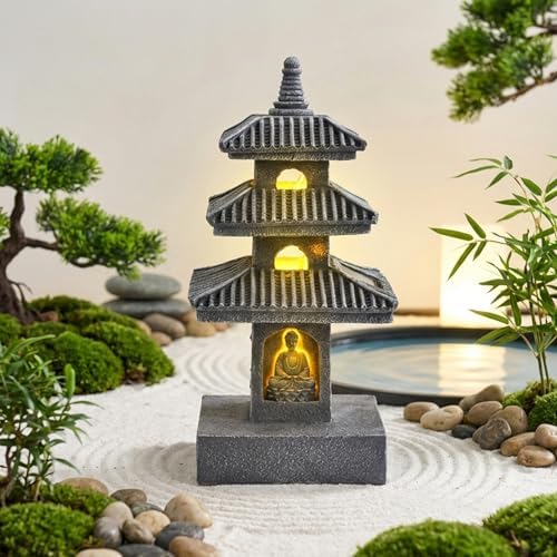 Pagoda Garden Statue, 10 Inch Weatherproof Solar Garden Decor, LED Light Zen Japanese Lantern for Backyard Balcony Patio Lawn Yard, Grey, Décoration de Jardin by Unknown