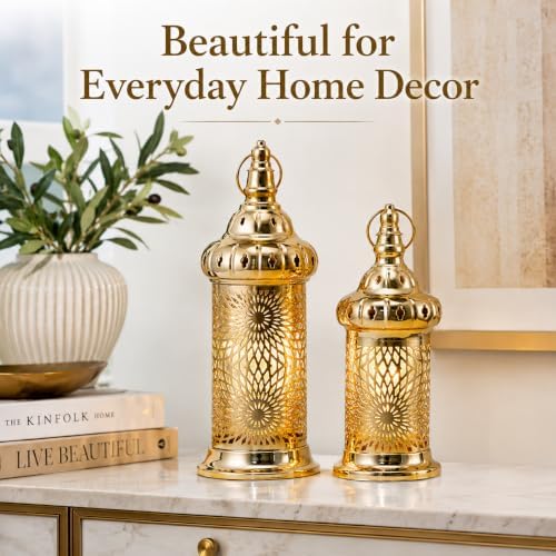 TRIROCKS Ramadan Lanterns Set of 2 10" &12.5" Gold Electric Candle Holders with Timer, Metal Decorative Vintage Lanterns for Indoor/Outdoor Decor, Perfect EID Mubarak Gift - Image 6