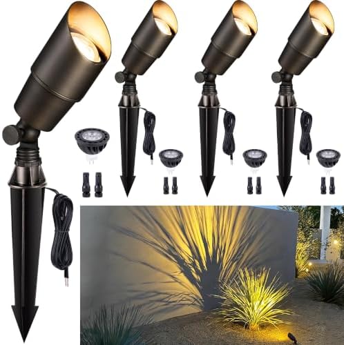Gardenreet Brass Landscape Lighting - Outdoor Low Voltage Spotlights LED, 12V Wired Uplights, Waterproof Spot Lights, Antique Bronze for Outside Trees with 5W 2700K Warm White MR16 Bulb (4 Pack) by Gardenreet
