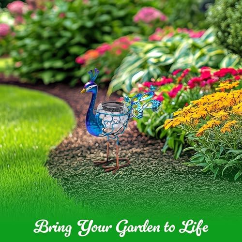 G128 Solar Metal Peacock Garden Statue | 12 Inch Waterproof Peacock Yard Art with Solar-Powered Light for Lawn, Patio, and Backyard - Image 4