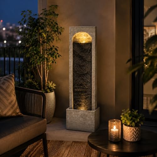 Outdoor Water Fountain, 39.37" Tall Resin Waterfall Fountain with LED Lights, Freestanding Modern Water Wall Fountain with Built-in Pump, Gray Stone-Look Patio Fountain for Garden, Porch, Backyard - Image 6