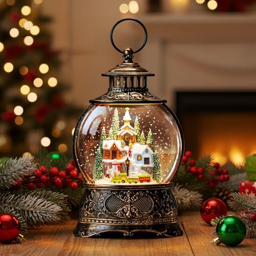 Christmas Snow Globe Water Lantern with Mountain Village and Train Scene Battery Operated or USB Powered Musical Lighted Holiday Decoration for Tabletop Display for Family and Friend by XPSCOCO