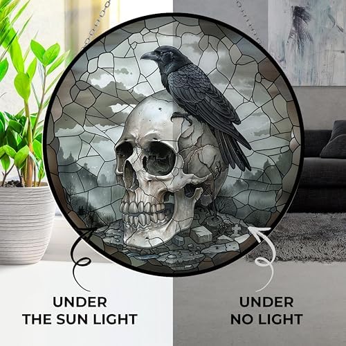 Skull Crow Stained Glass Window Hanging Suncatcher 12" Glass Panel with Metal Chain Sun Catchers Wall Art Home Decor Gift for Women Mother's Day - Image 3