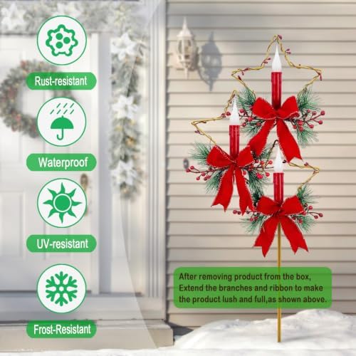 Solar Christmas Decorations Outdoor,Golden Trio Star & Candles Garden Stake - Image 2
