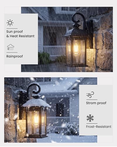 FEMILA Exterior Wall Sconce, 2 Packs Outdoor Waterproof Wall Lights Fixture, E26 Socket Wall Lantern for Porch, Anti-Rust Matte Black Finish with Seeded Glass Lampshade, 4FD54B-2PK BK - Image 3