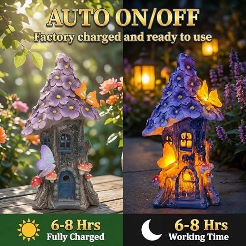 COWOS Mushroom House Statue, Garden Decor Outdoor Solar Statues, Solar Garden Statue Lights, Fairy Garden Decorations, Mushroom Fairy House Figurine with Butterflies and Flowers for Yard Decor - Image 5