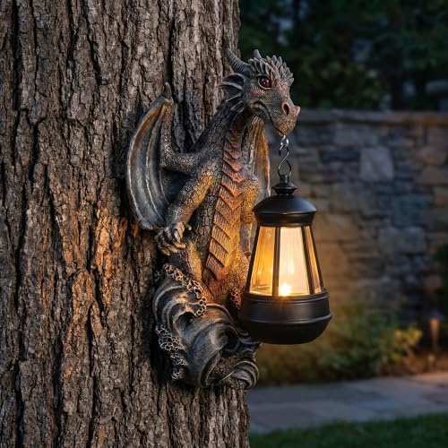 10" Dragon Solar Lantern Outdoor Garden Statue - Resin Tree Hugger Decor Figurine, Fantasy Yard Art with Solar Light for Patio Lawn Porch, Unique Medieval Whimsical Gift for Dragon Lovers by Unknown