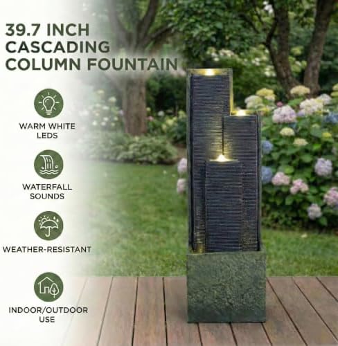 39''H Modern Cascading Outdoor Water Fountain with LED Lights - Image 2