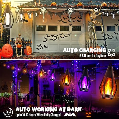 iBaycon 42FT 15 LED Solar Flame Halloween String Lights, Warm White+Purple - Image 4