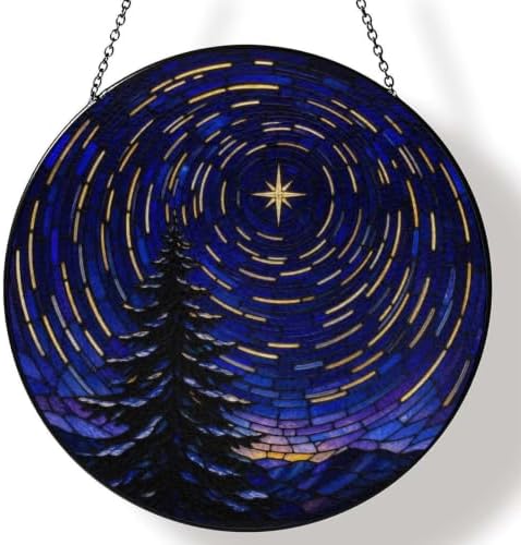 Star Spiral Winter Pine Stained Glass Suncatcher 11.8" Colorful Window Hanging Ornament, Sun Catcher Decor for Bathroom Front Door Living Room Home Wall Garden by FeHuew