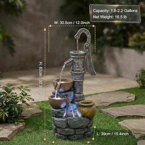 Vintage Hand Pump Water Fountain Outdoor, 32.3" Tall with LED Lights, Natural Stone Look Resin Cascading Water Feature for Patio, Lawn, Backyard & Garden Decor (Vintage Pump Head 32.3" H) - Image 2