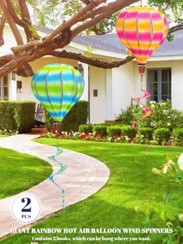 2PCS Giant Rainbow Hot Air Balloon Wind Spinners 14" W x 59" H Large Multicolor Whirligig Wind Spinner Hanging Ornaments for Yard Garden Lawn Outdoor Decorations(Pink&Green) - Image 2