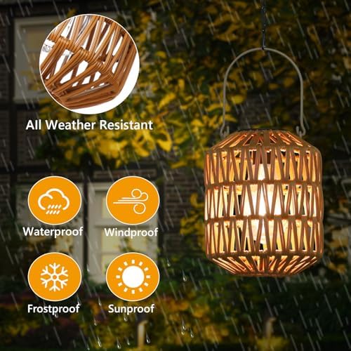 2 Pack Solar Lanterns Outdoor Waterproof, Rattan Solar Lights for Yard, Outdoor Garden Lights, Hanging Lanterns Decorative Birthday Gifts for Mom Grandma, Outdoor Lanterns for Porch Patio Pathway - Image 3