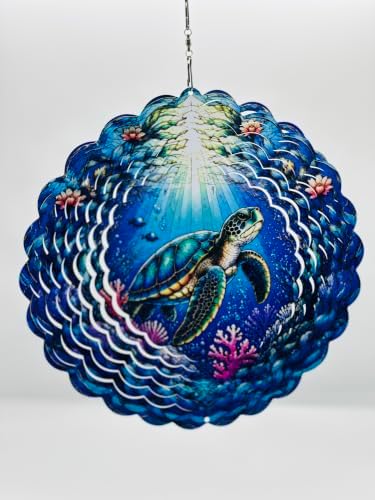 Shwing Wind Spinner 12 Inch Sea Turtle Wind Spinner Hanging Wind Sculptures Ocean Turtle Coral Reef Metal Ornament Outdoor Kinetic Garden Art for Patio Porch Beach Coastal Decoration - Image 2