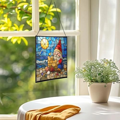 Beach Day Gnome Stained Glass Suncatcher – Square Hanging Window Panel for Home or Greenhouse – Whimsical Glass Art Gift for Garden Lovers, Christmas, Halloween, Father Days GWNf1E - Image 3