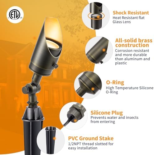 Gardenreet Landscape Spotlights Low Voltage - Brass Outdoor Uplight 12V LED, Wired Spot Lights IP65 Waterproof, Bronze for Exterior Garden Yard Tree House with 5W 2700K Warm White MR16 Bulb - Image 2