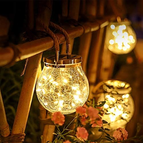 2 Packs Hanging Outdoor Solar Lanterns Decorative Lights 30 LED Waterproof Cracked Glass Jar Garden Lights for Court Yard Patio Pathway - Image 6