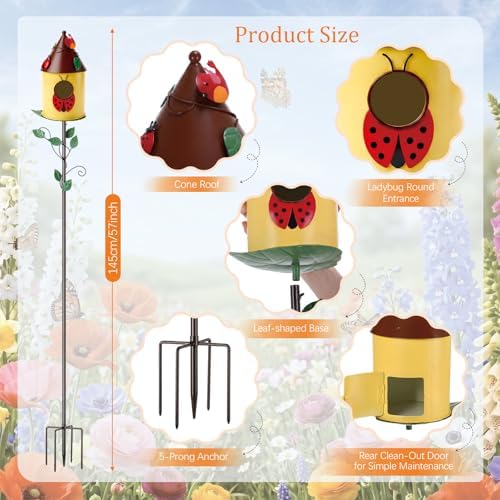 Frienda 57 Inch Bird Houses for Outside with Pole, Durable Metal Wild Bird Feeder with Stand, Decorative Ladybug Birdhouse Stake Easy to Install for Attract Birds Garden Patio Decor - Image 2
