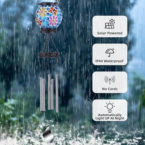 VOREEN Solar Wind Chimes with Gentle Chime Sound, Blue Mosaic Glass Lantern for Outdoor, Calming Night Glow & Relaxing Breeze Melody, Waterproof Porch Yard Garden Decor, Memorial & Sympathy Gift - Image 5