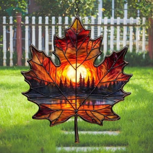 Forest Scene Sunset Maple Leaf Acrylic Suncatcher by AVAGAN