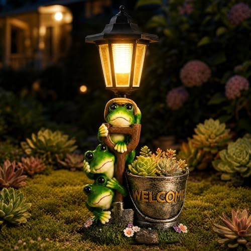Solar Frog Garden Statue Outdoor Decor with LED Lantern & Welcome Planter by Tuykay