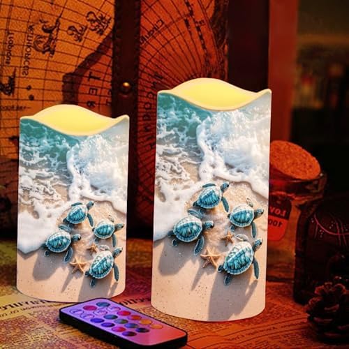 Beach Turtle LED Flameless Candles with Remote Timer Battery Powered Pillar Fake Lights Pack of 4 Waterproof Electric Candles for Bathroom Decor Mothers Day Gifts for Mom - Image 5