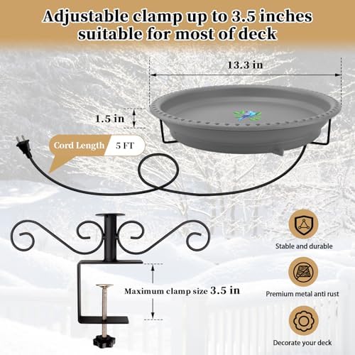 Heated Bird Bath for Outdoors Deck Railing, 100W Heated Birdbath, Gray - Image 5
