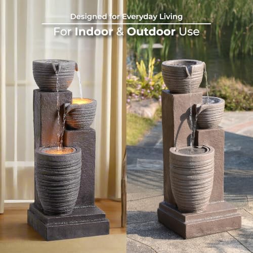 Teamson Home Horizontal Ribbed Pattern Outdoor Water Fountain, Warm Gray - Image 3