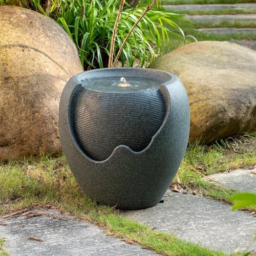 16.93” H Outdoor Water Fountain Made with Eco-Friendly Recyclable Materials, Polyethylene Round Bubbler Water Fountain Outdoor, Garden Decor with LED Light for Patio, Porch, Backyard (16.93") by PUULYE