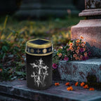 Poceacles Solar Powered Outdoor Lights Cemetery Solar Memorial Lights Outdoor Waterproof Landscape Candles for Yard Patio Lawn Home Decor, Cross Print Black, Set of 4 - Image 3