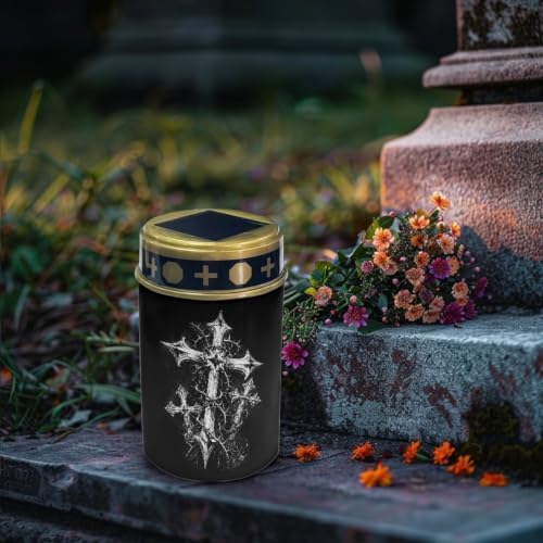 Poceacles Solar Powered Outdoor Lights Cemetery Solar Memorial Lights Outdoor Waterproof Landscape Candles for Yard Patio Lawn Home Decor, Cross Print Black, Set of 4 - Image 3
