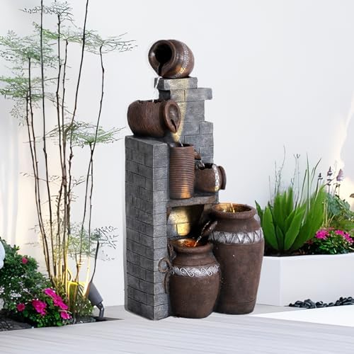 Grepatio 6 Tier Garden Water Fountain, Outdoor Waterfalls with LED Lights, Indoor/Outdoor Modern Floor Standing Garden Water Fountain for Garden, Patio, House Decor (10.6"(L) x 19"(W) x 39.3"(H)) - Image 4