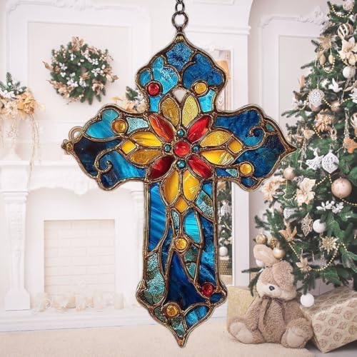 Mosaic Style Christian Cross Tiffany Effect Acrylic Suncatcher by AVAGAN