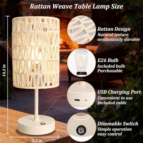 Boho Cordless Outdoor Table Lamps, Rechargeable Battery Operated Rattan Table Lamps, Stepless Dimmable, for Covered Patio, Porch, Gazebo, Living Room, Bedroom Decor- Set of 2 (Ivory White) - Image 6