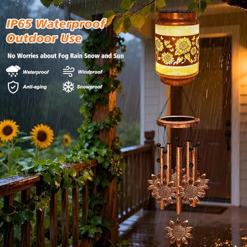 2 Pack Sunflower Solar Wind Chimes for Outside, Gifts for Mom Women Grandma Birthday Memorial Teacher, 32" Windchimes Outdoor Decor Hanging Solar Lantern for Garden Porch Patio Backyard - Image 5