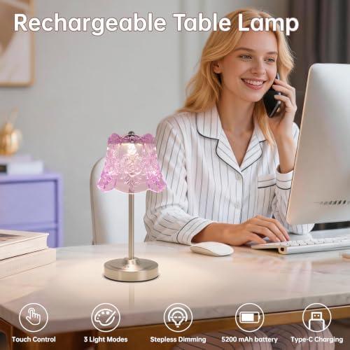 Shenmoyl Cordless Touch Table Lamp with 5200mAh Battery - 3 Adjustable Color Temperatures & Dimmable, Rechargeable Desk Lamp for Bedroom, Living Room, Office, Entryway, Bookshelves (Clear Purple Rose) - Image 3