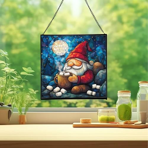 Hot Cocoa Gnome Night Stained Glass Suncatcher – Square Hanging Window Panel for Home or Greenhouse – Whimsical Glass Art Gift for Garden Lovers, Christmas, Halloween, Father Days 6F1b02 - Image 2
