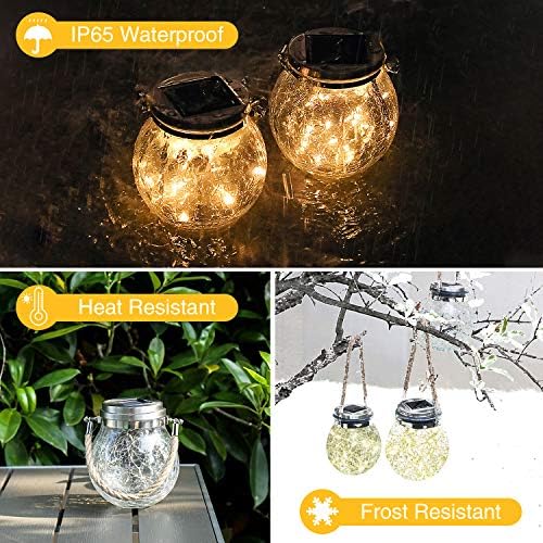 2 Packs Hanging Outdoor Solar Lanterns Decorative Lights 30 LED Waterproof Cracked Glass Jar Garden Lights for Court Yard Patio Pathway - Image 3