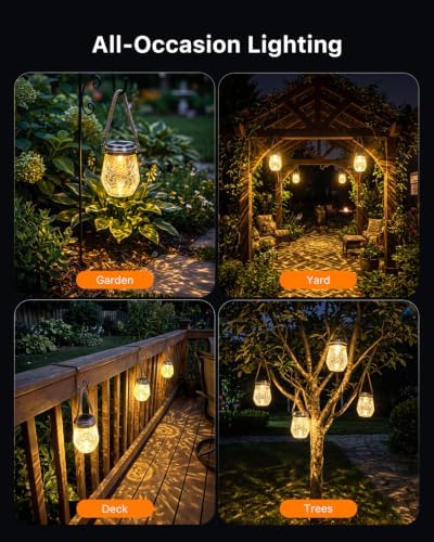 6 Pack Solar Powered Cracked Glass Jar Lights Outdoor Hanging LED Lantern - Image 6