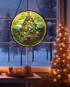 Green Christmas Tree Gold Ribbon Stained Glass Window Hanging Gifts 15" - Image 4