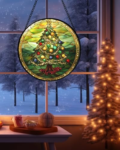 Green Christmas Tree Gold Ribbon Stained Glass Window Hanging Gifts 15" - Image 4