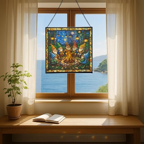 Campfire Story Gnome Stained Glass Suncatcher – Square Hanging Window Panel for Home or Greenhouse – Whimsical Glass Art Gift for Garden Lovers, Christmas, Halloween, Father Days VgBFDy - Image 6