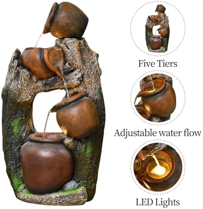 30" Outdoor Garden Water Fountain with Lights 4 Tiers Water Feature - Image 3
