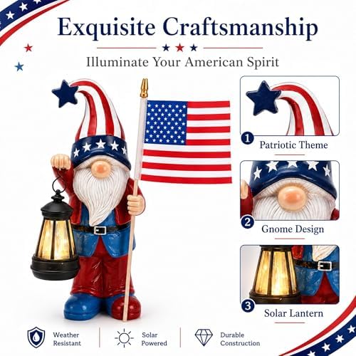 Nacome Solar Patriotic Gnomes Statues with Flag for Garden Decor - Image 3