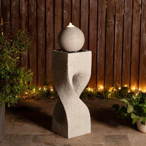 Glitzhome Outdoor Water Fountain with Lights, Outdoor Fountain with Pump, 36.5" H Modern Faux Terrazzo Geometric Pedestal and Sphere Polyresin Garden Fountains for Patio, Balcony, Yard Or Home Decor - Image 2