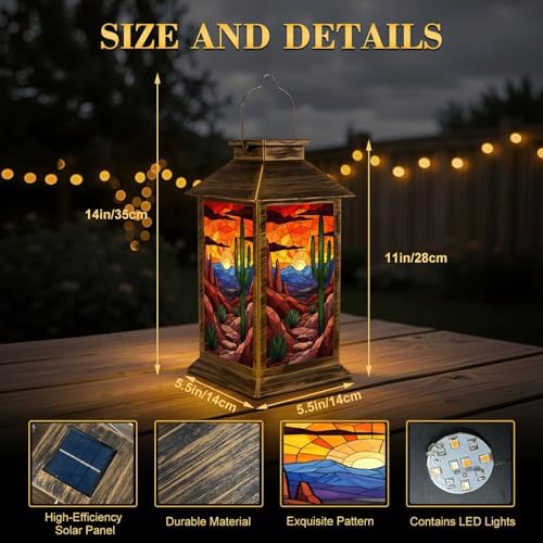 Solar Lantern Outdoor Waterproof Desert Landscape Cactus Sunset Stained Glass Style Garden Decor LED Hanging Solar Lights Tabletop Lamp Gifts for Women Mom Outside Yard Patio Porch - Image 2