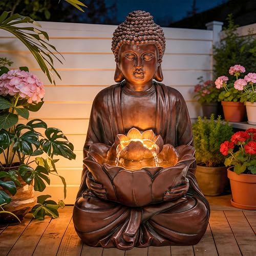 Zen Buddha Water Fountain Outdoor, 19" H Handcrafted Buddha Statue Water Feature with Soothing Waterfalls & Lights, Peaceful Oasis for Garden Patio Yard Deck Living Room Floor Tabletop Decor - Image 2