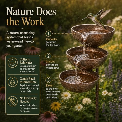 Rain Catcher Bird Bath Tiered, 3-Tier Metal Rain Water Bird Bath Garden Stake, Cascading Water Bowls Attract Hummingbirds, Birds, Butterfly for Yards Lawns Gardens (Copper) - Image 3