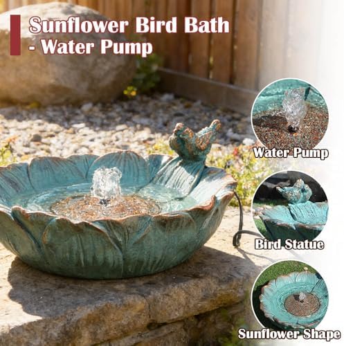 Outdoor Solar Bird Bath with Water Pump Fountain, Two Usage Modes for Hummingbird, 16.9"W Solar Powered Birdbath, Sunflower with bird, 7 nozzles Water Feature for Garden Backyard Decor (Peacock Blue) - Image 3