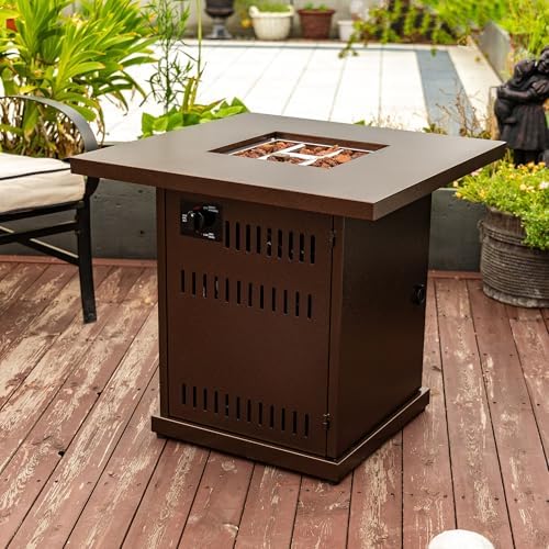 28'' Propane Fire Pit Table, 50,000 BTU Fire Table with Steel Lid, Big Legs, Laval Rocks, Deck Safe Fire Pit, Gas Fire Pits for Outside Patio, Brown. - Image 6